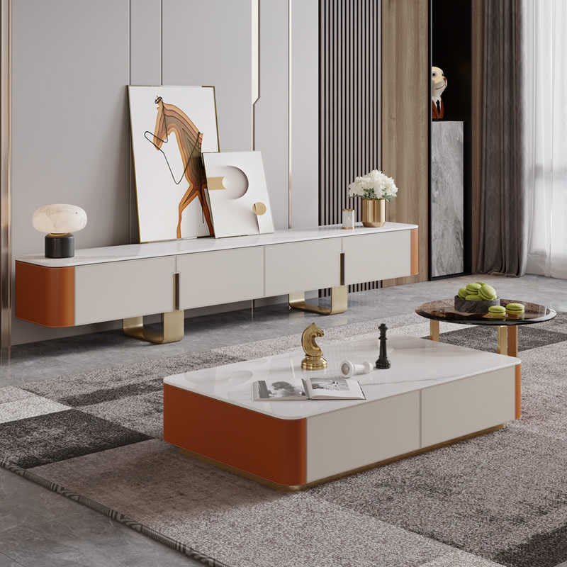 Slate Tabletop Saddle Leather TV Stand - Orange - image 0