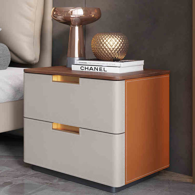 Saddle Leather Solid Wood Nightstand With Two-drawer