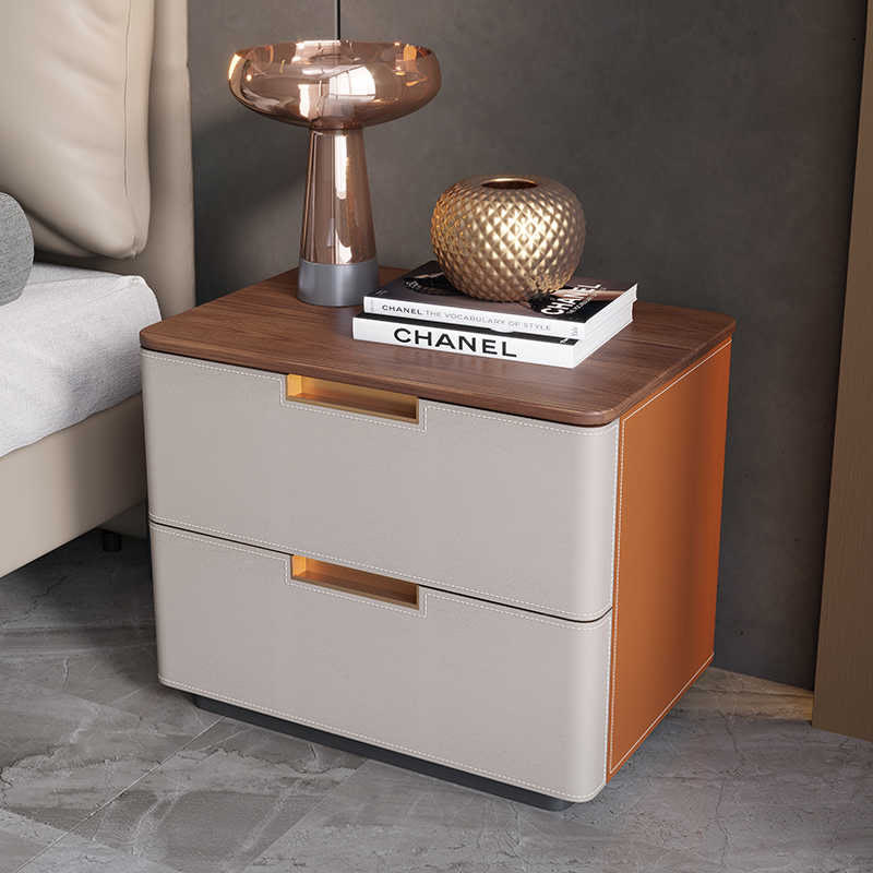 Saddle Leather Solid Wood Nightstand With Two-drawer