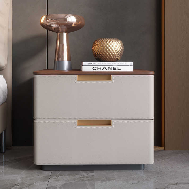 Saddle Leather Solid Wood Nightstand With Two-drawer - image 0