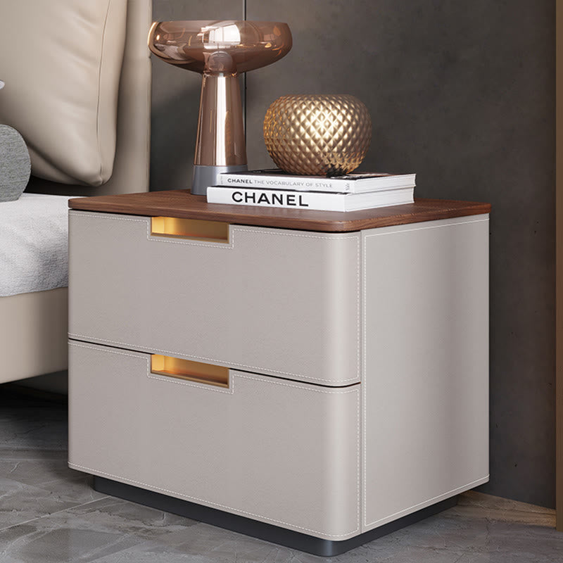 Saddle Leather Solid Wood Nightstand With Two-drawer - 2xLight Khaki - image 7