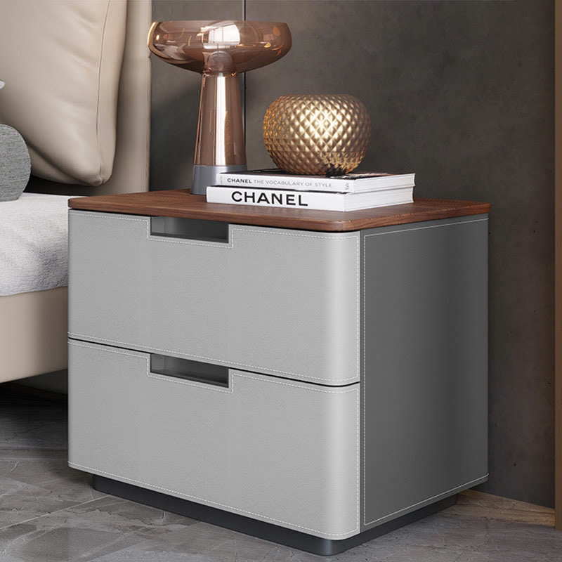Saddle Leather Solid Wood Nightstand With Two-drawer - 2xGray - image 9