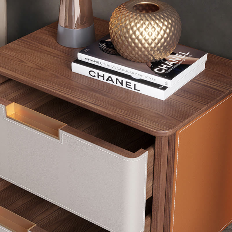 Saddle Leather Solid Wood Nightstand With Two-drawer