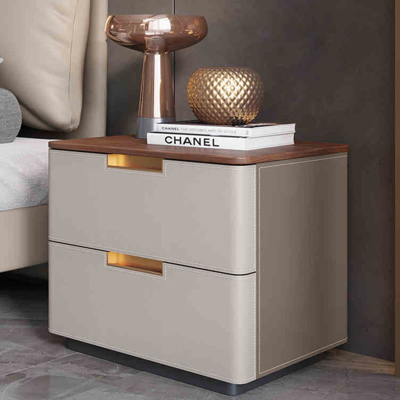 Saddle Leather Solid Wood Nightstand With Two-drawer - 2xDark Khaki - image 6