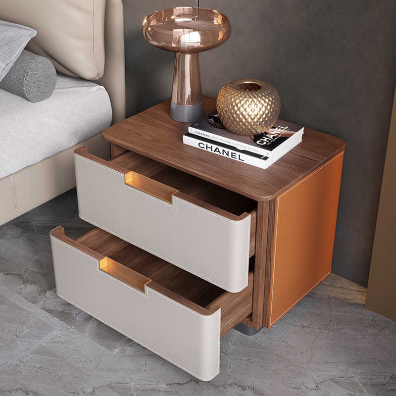 Saddle Leather Solid Wood Nightstand With Two-drawer