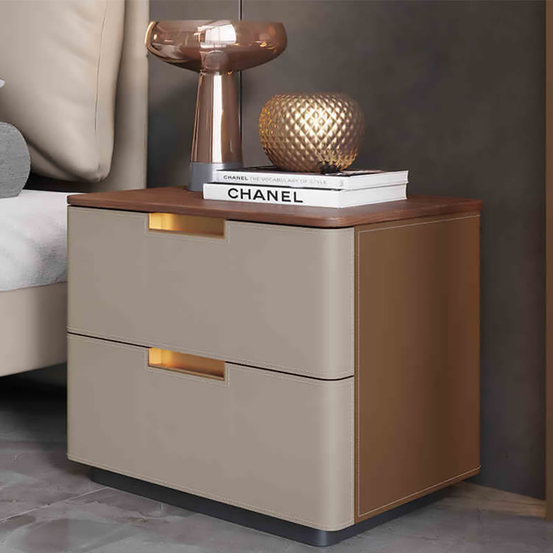 Saddle Leather Solid Wood Nightstand With Two-drawer