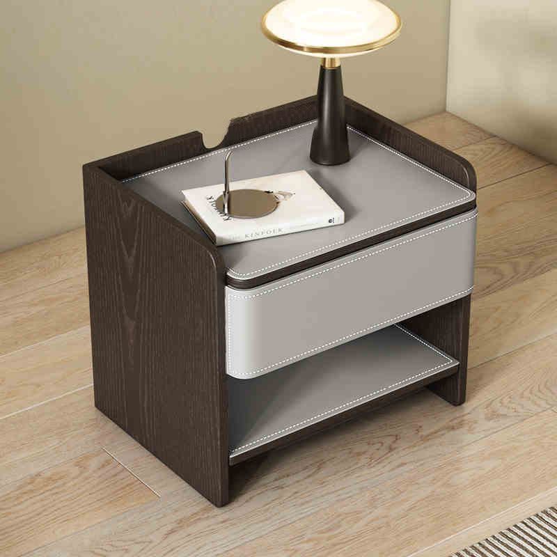 Saddle Leather Nightstand With Open Storage - 2xLight Gray - image 8