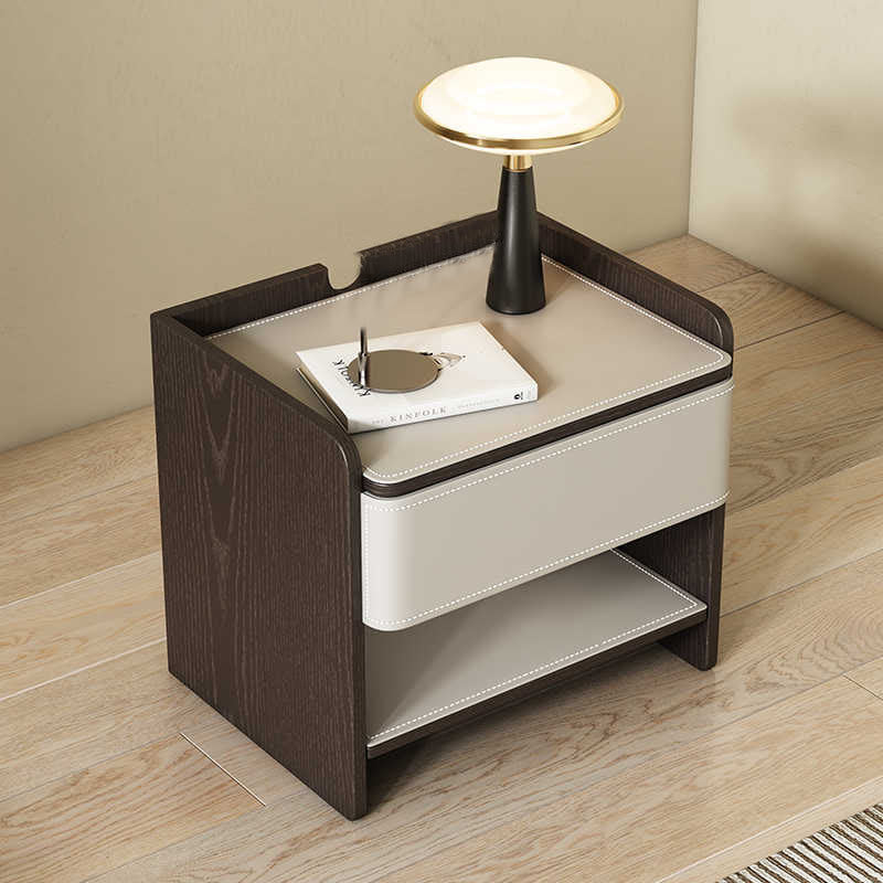 Saddle Leather Nightstand With Open Storage - 2xKhaki - image 2