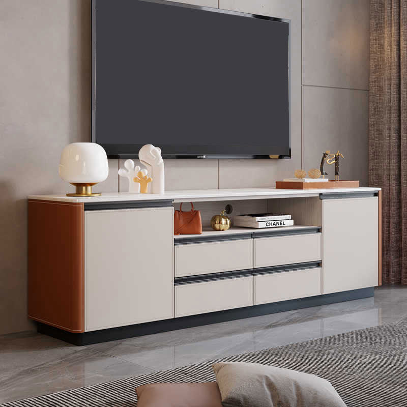 Open Storage Saddle Leather TV Stand - Beige+Orange - image 1