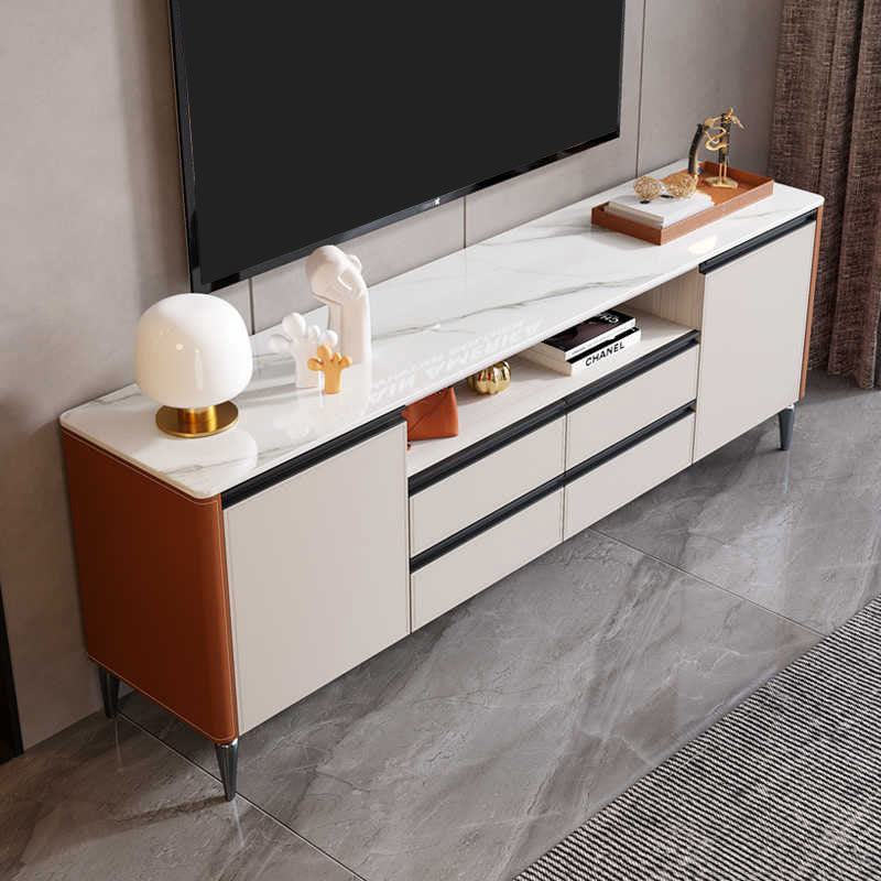 Saddle Leather TV Stand With High Legs - Beige+Orange - image 2