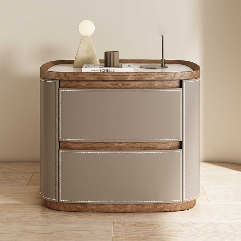 Saddle Leather Veneer Solid Wood Bedside Table