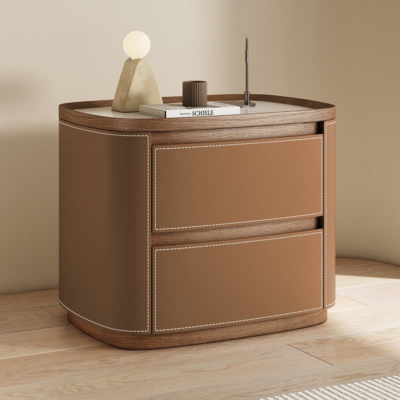 Saddle Leather Veneer Solid Wood Bedside Table - 2xLight Coffee - image 6