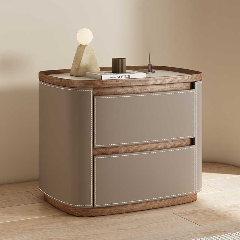 Saddle Leather Veneer Solid Wood Bedside Table - 2xMilk Coffee - image 0
