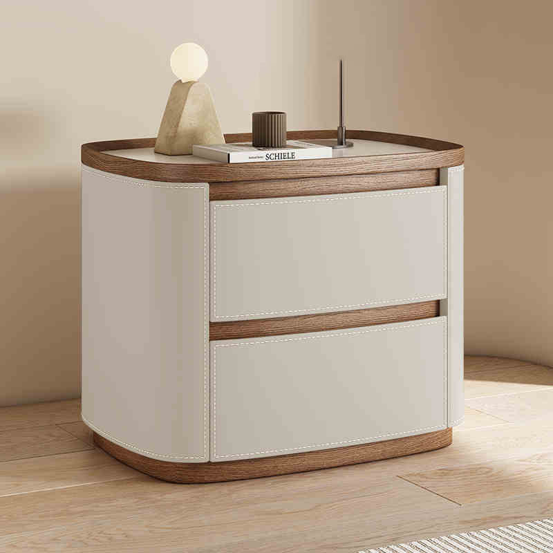 Saddle Leather Veneer Solid Wood Bedside Table - 2xBeige - image 5