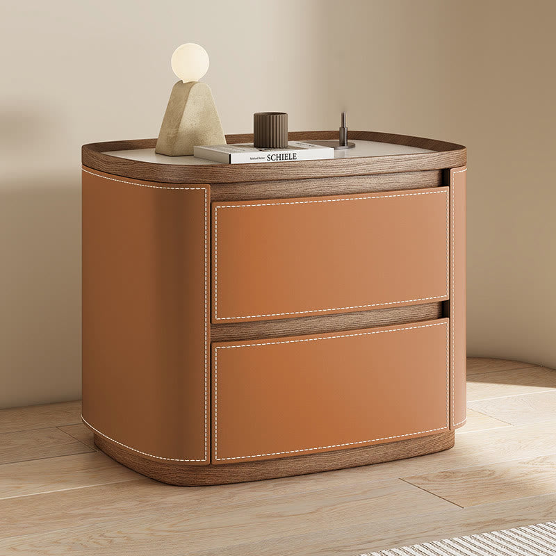 Saddle Leather Veneer Solid Wood Bedside Table - 2xOrange - image 7