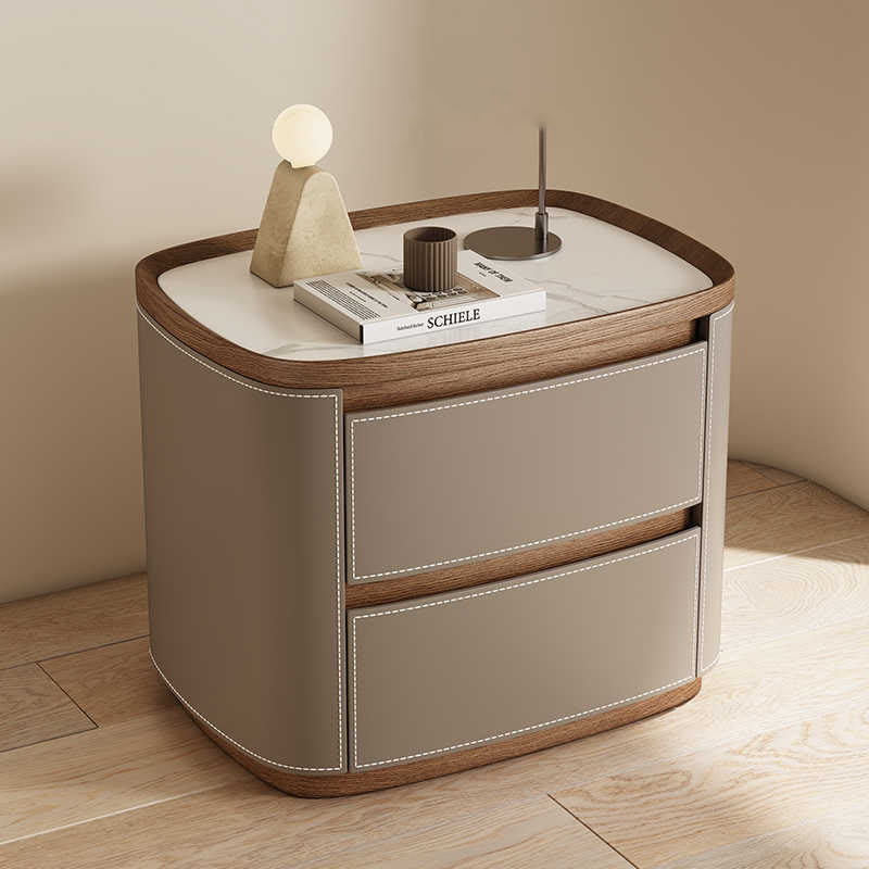 Saddle Leather Veneer Solid Wood Bedside Table - image 4