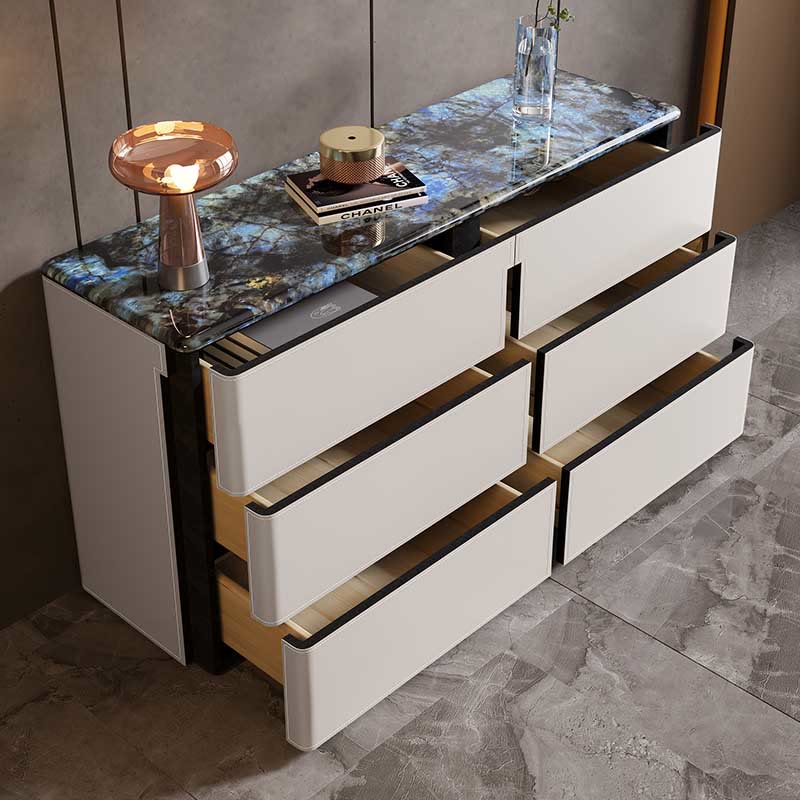 Stone Tabletop Saddle Leather Sideboard