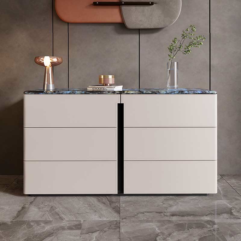 Stone Tabletop Saddle Leather Sideboard