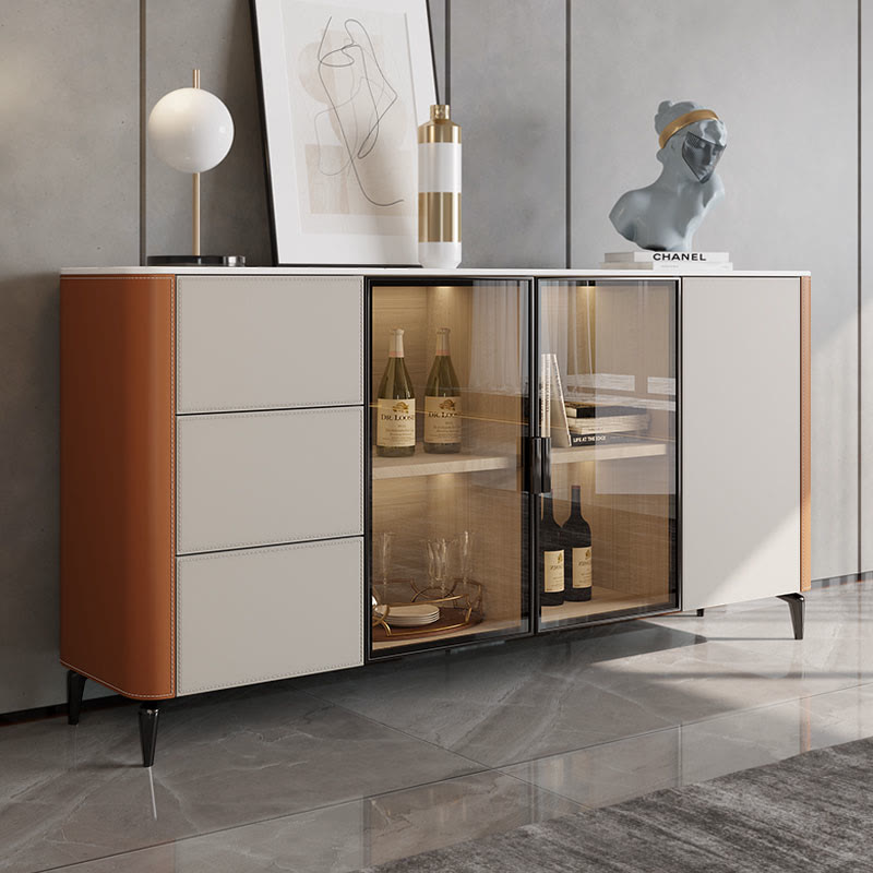 Saddle Leather Tall Sideboard With Glass Door
