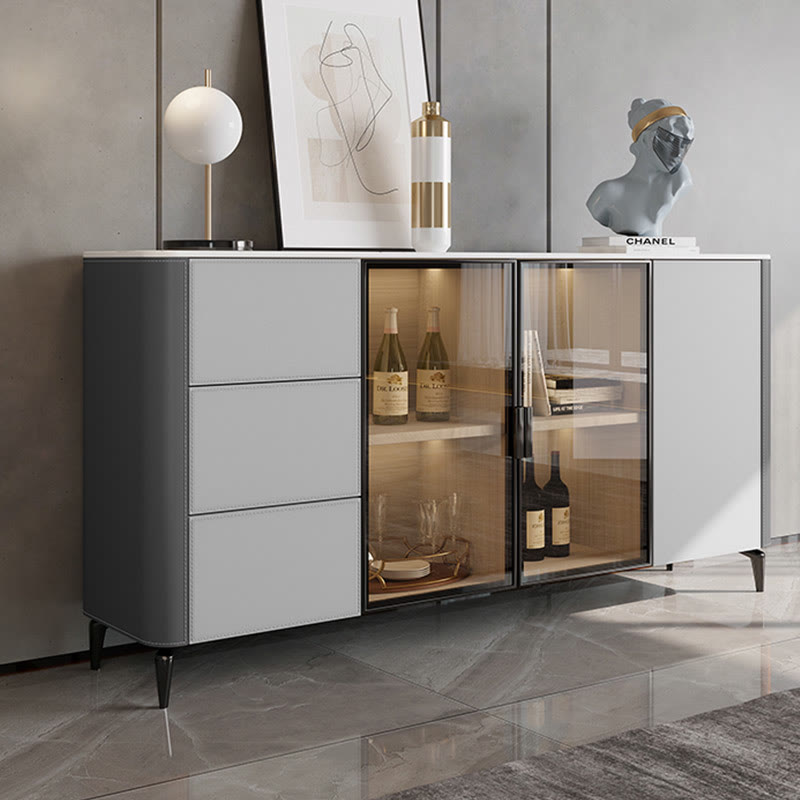 Saddle Leather Tall Sideboard With Glass Door - Grey - image 11