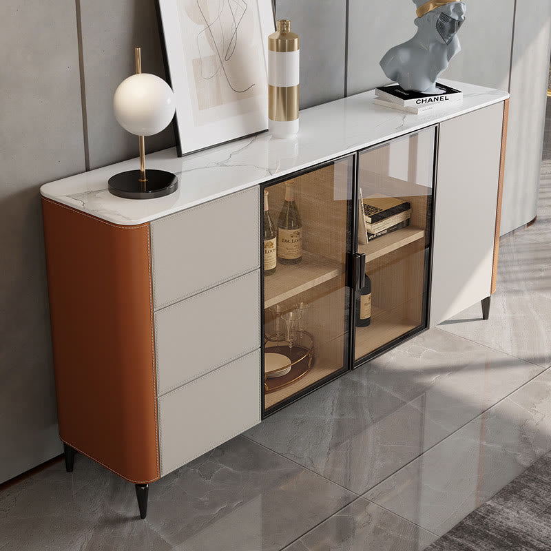 Saddle Leather Tall Sideboard With Glass Door