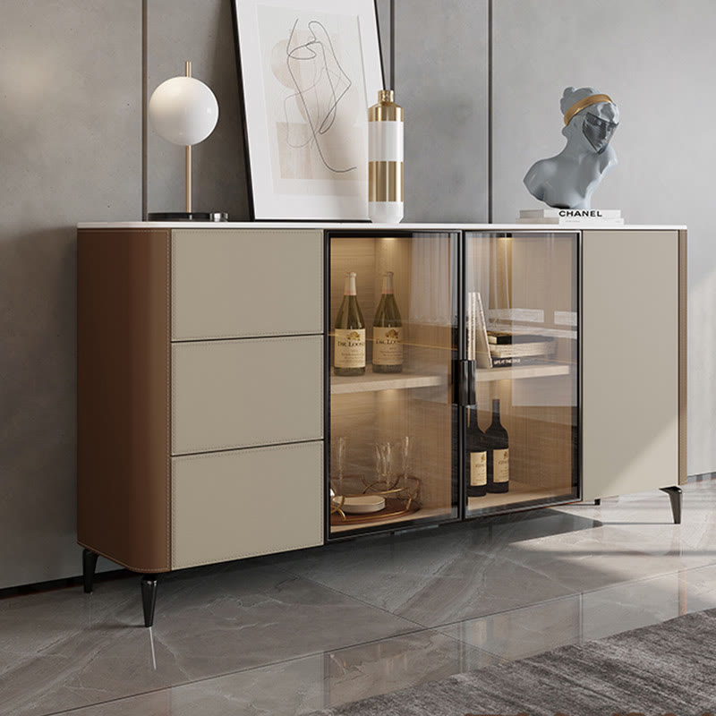 Saddle Leather Tall Sideboard With Glass Door