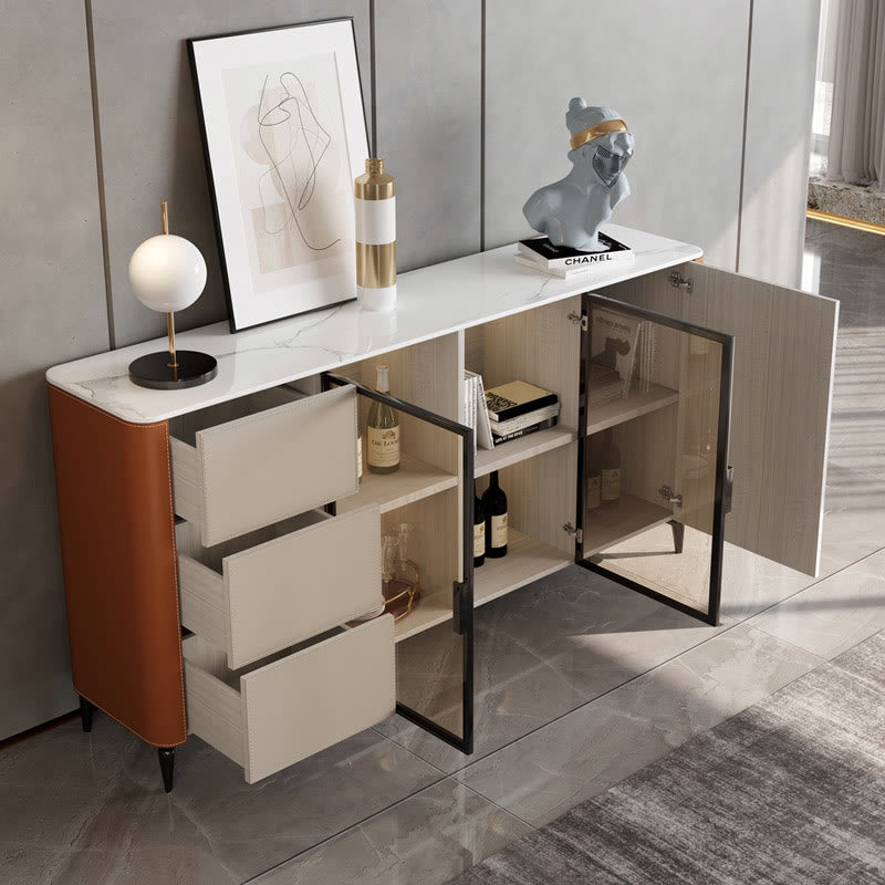 Saddle Leather Tall Sideboard With Glass Door