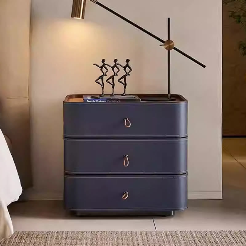 Luxurious Saddle Leather Solid Wood Nightstand - 2x Blue - 3 Drawers - image 0
