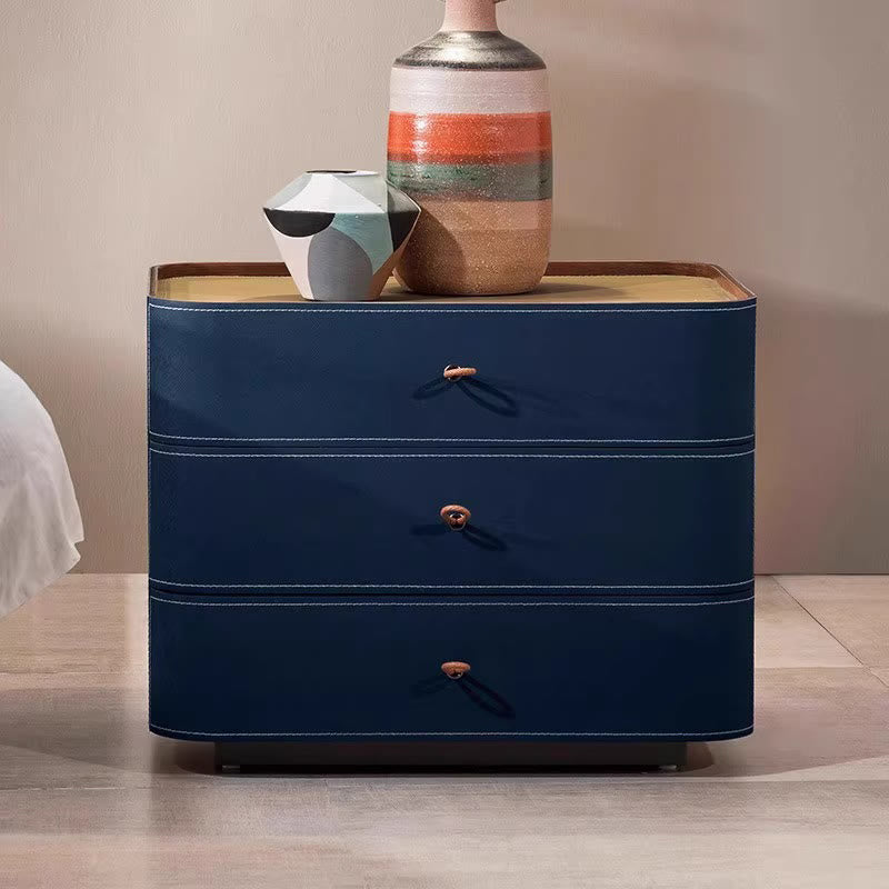 Blue Saddle Leather Square Solid Wood Nightstand