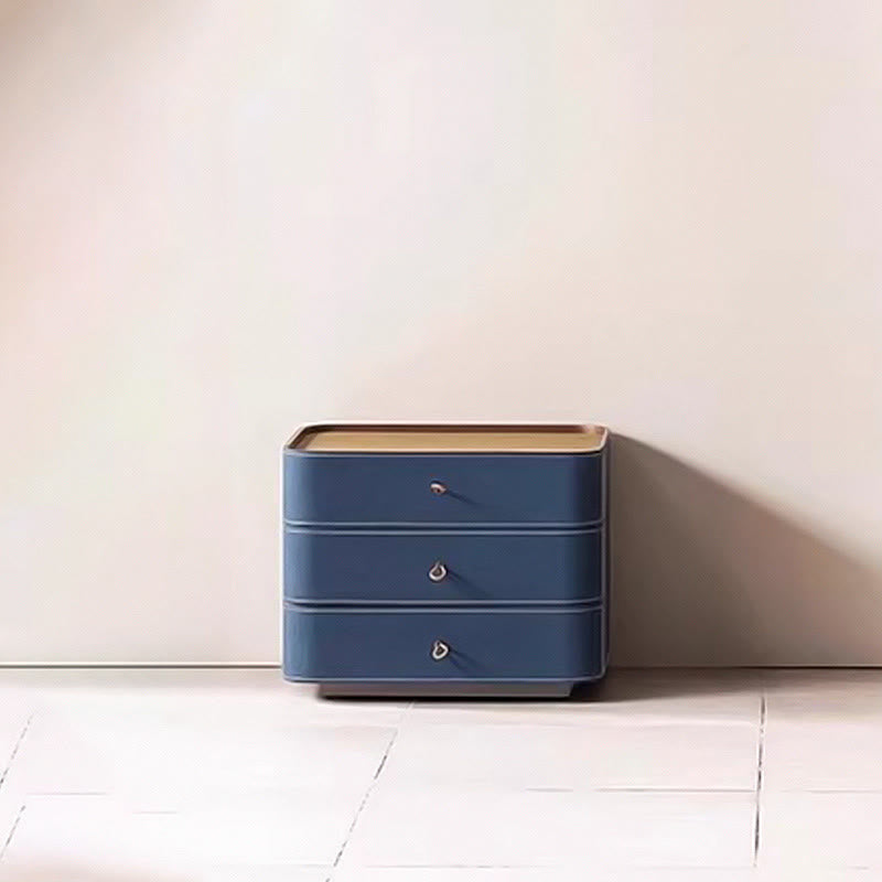 Blue Saddle Leather Square Solid Wood Nightstand