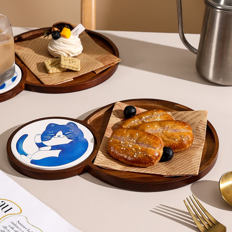 Cute Cat Wooden Breakfast Snack Tray  - image 1