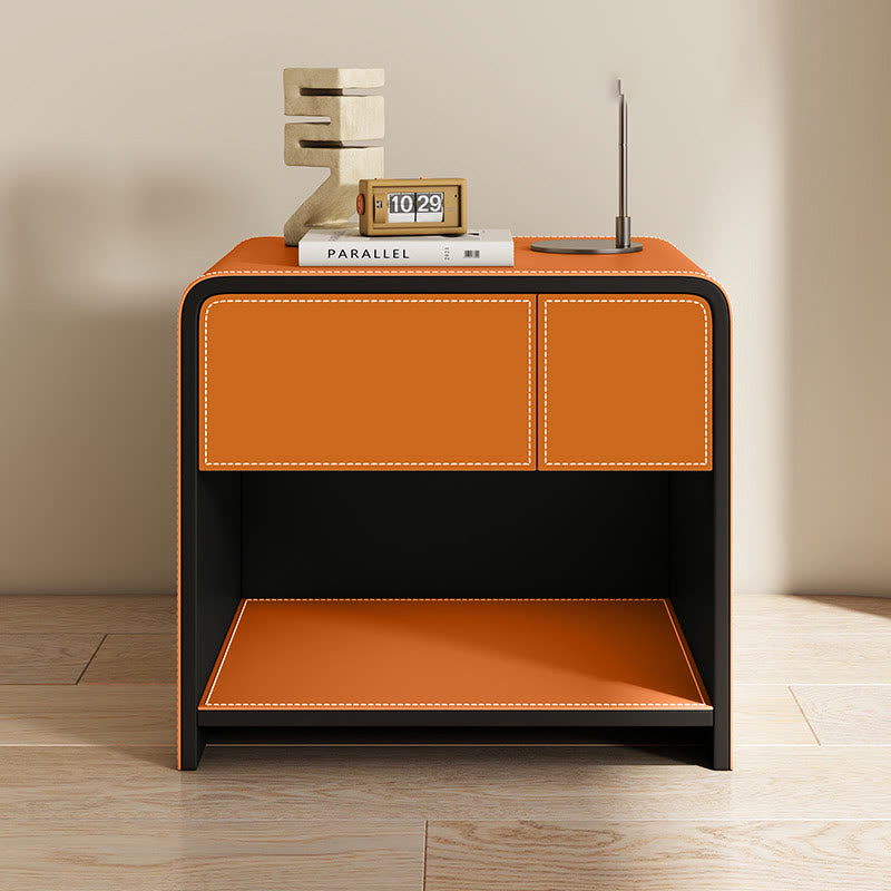 Solid Wood Open Storage Saddle Leather Nightstand - 2xOrange - image 6