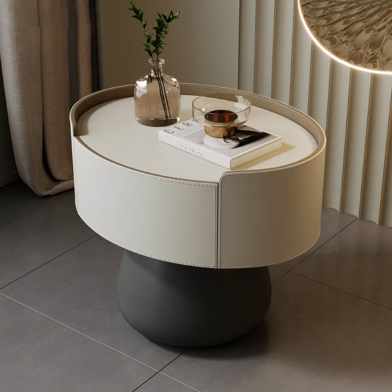 Saddle Leather Nightstand With Mushroom Base - 2xBeige - image 0