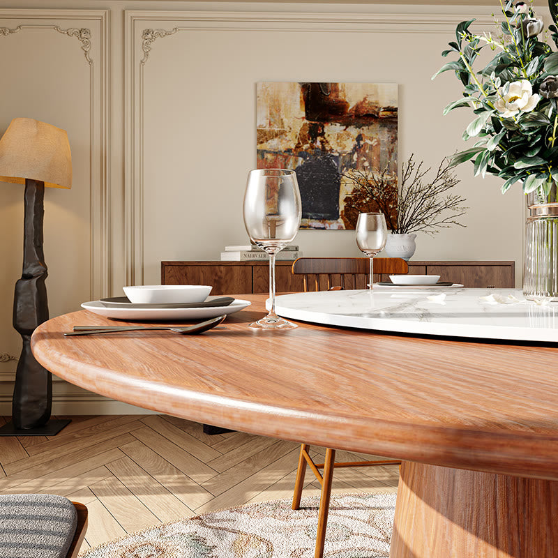 Stone Turntable Wood Top Round Dining Table With Bucket Base