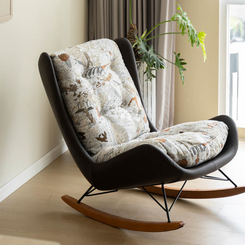 Embroidered Solid Wood Saddle Leather Single Recliners - Black - image 0
