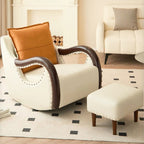 Beige Solid Wood Lazy Sofa Recliners - Beige(With Footstool) - image 2