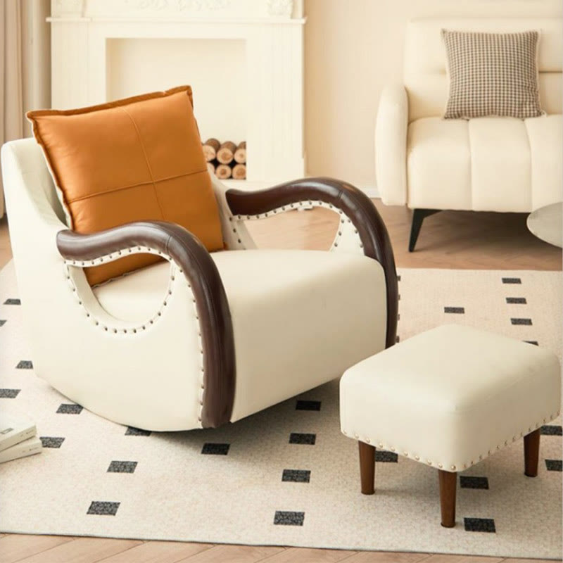 Beige Solid Wood Lazy Sofa Recliners - Beige(With Footstool) - image 2