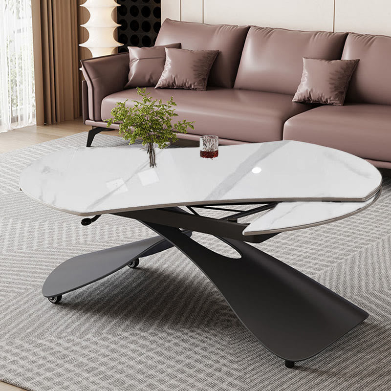 Rectangular  Stone Top Dining Table with Casters - White Top + Black Base - image 5