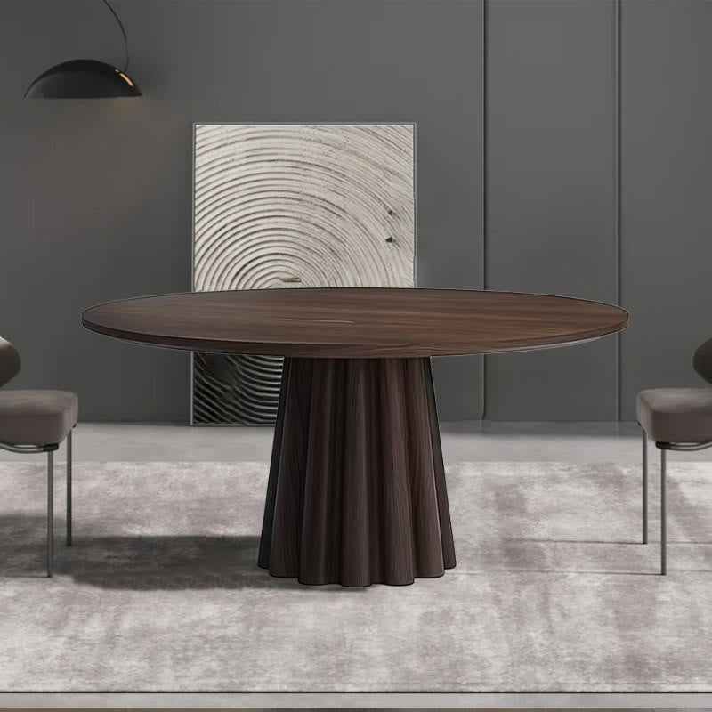 Bottom Striped Cylindrical Base Solid Wood Dining Table - Walnut - image 0