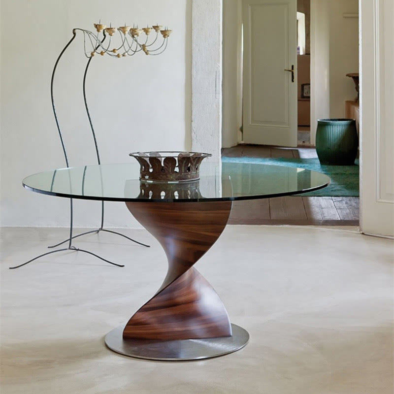 Modern Walnut Tempered Glass Round Dining Table