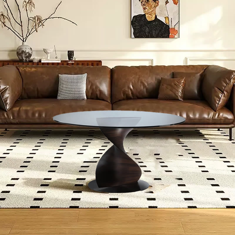 Modern Walnut Tempered Glass Round Dining Table