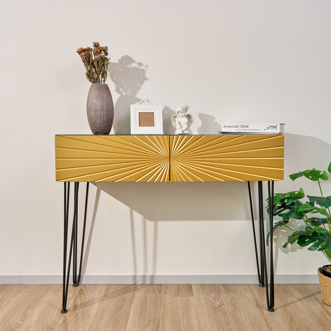 Iffhome Mordern 39.4" Black & Gold Console Table With Storage Wood Entryway Table With 2 Drawers - Gold - image 2