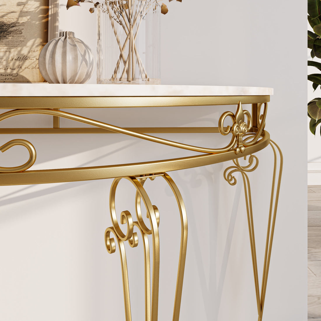 French Country 35.4" White & Gold Console Table - Half-moon Faux Marble Top Entryway Table