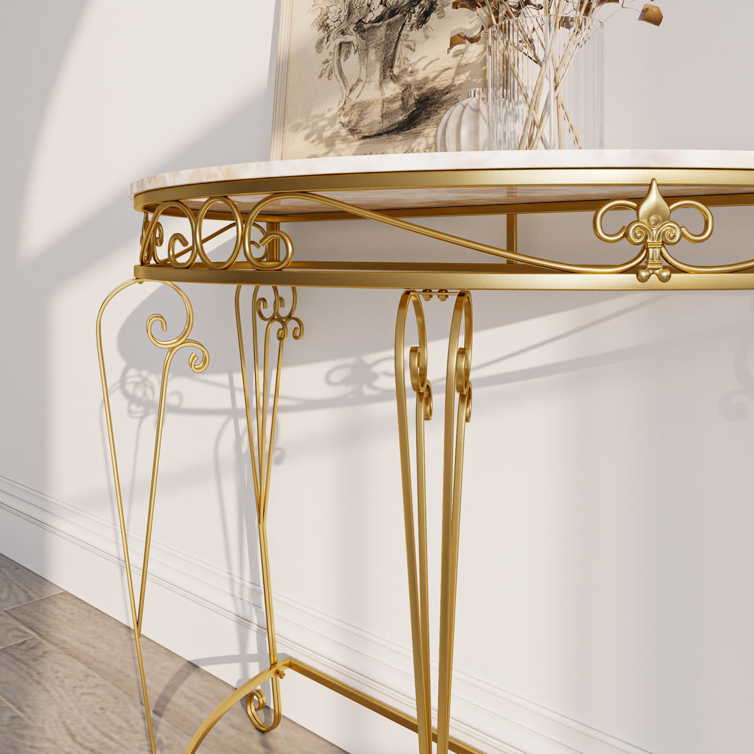 French Country 35.4" White & Gold Console Table - Half-moon Faux Marble Top Entryway Table