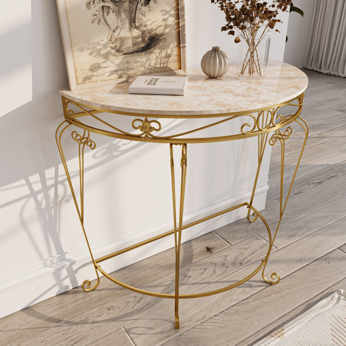 French Country 35.4" White & Gold Console Table - Half-moon Faux Marble Top Entryway Table