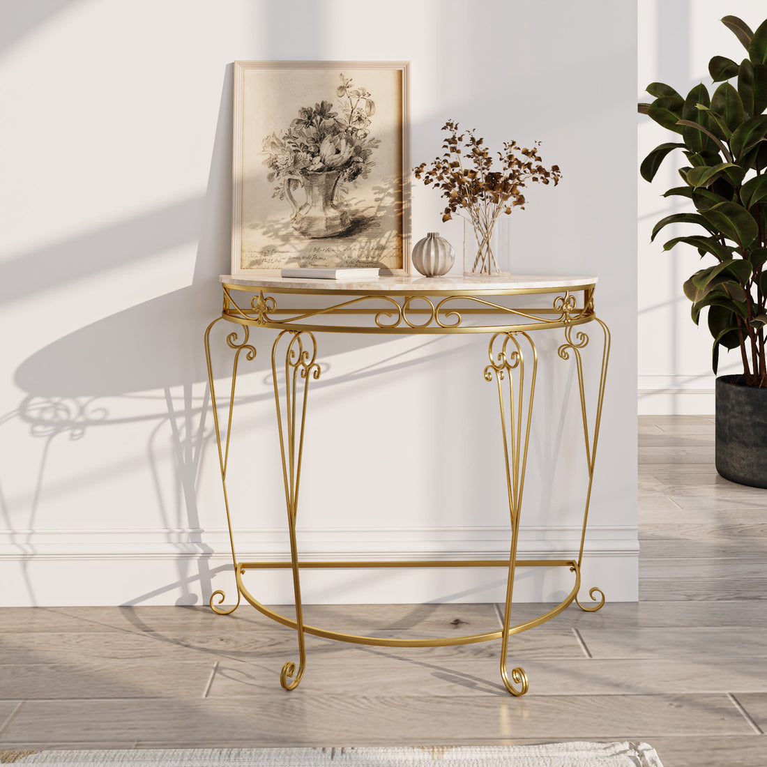 French Country 35.4" White & Gold Console Table - Half-moon Faux Marble Top Entryway Table