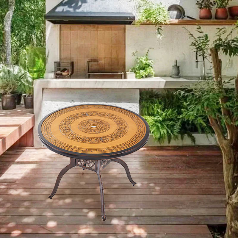 Wood Grain Color Carved Outdoor Round Dining Table