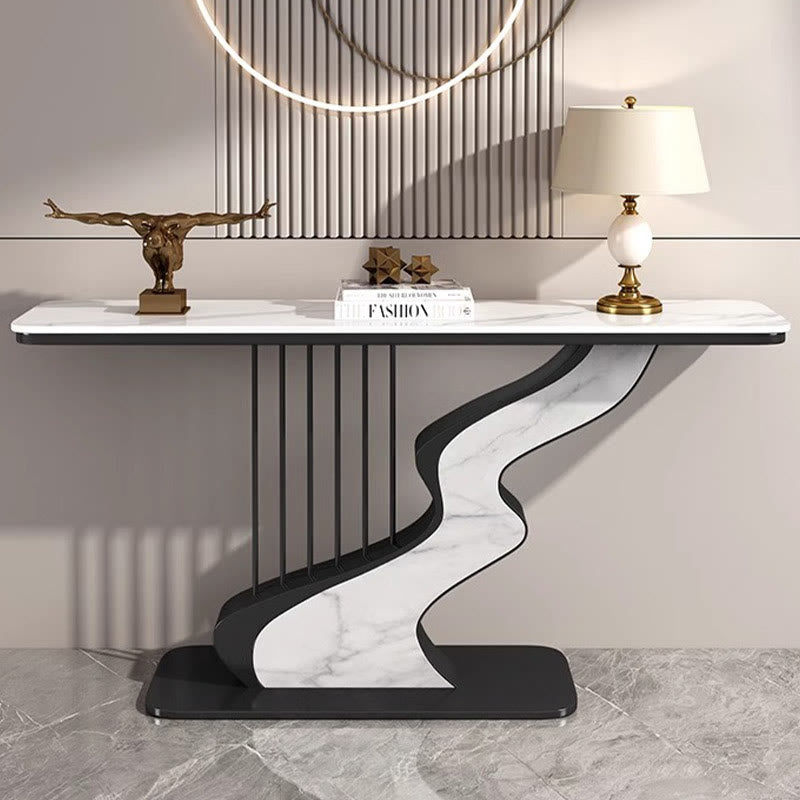 Harp Shaped Narrow Stone Tabletop Console Table - Black+Snow white - image 3