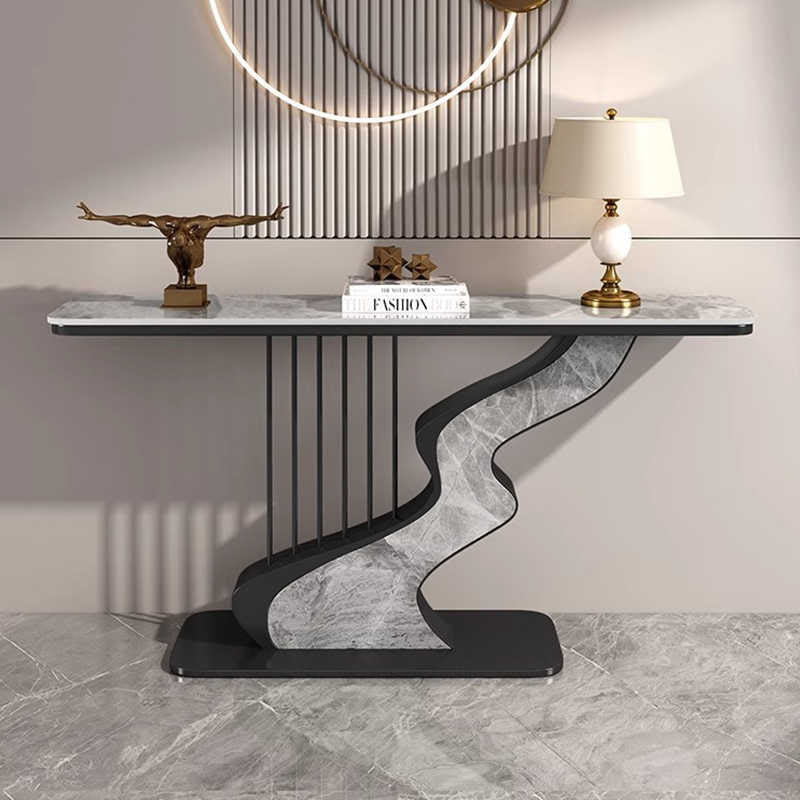 Harp Shaped Narrow Stone Tabletop Console Table - Black+Gray - image 0