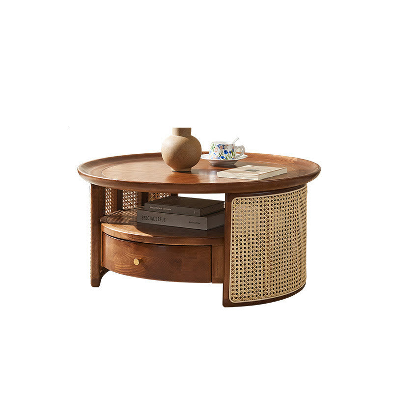 Retro Solid Wood Rattan Round Coffee Table